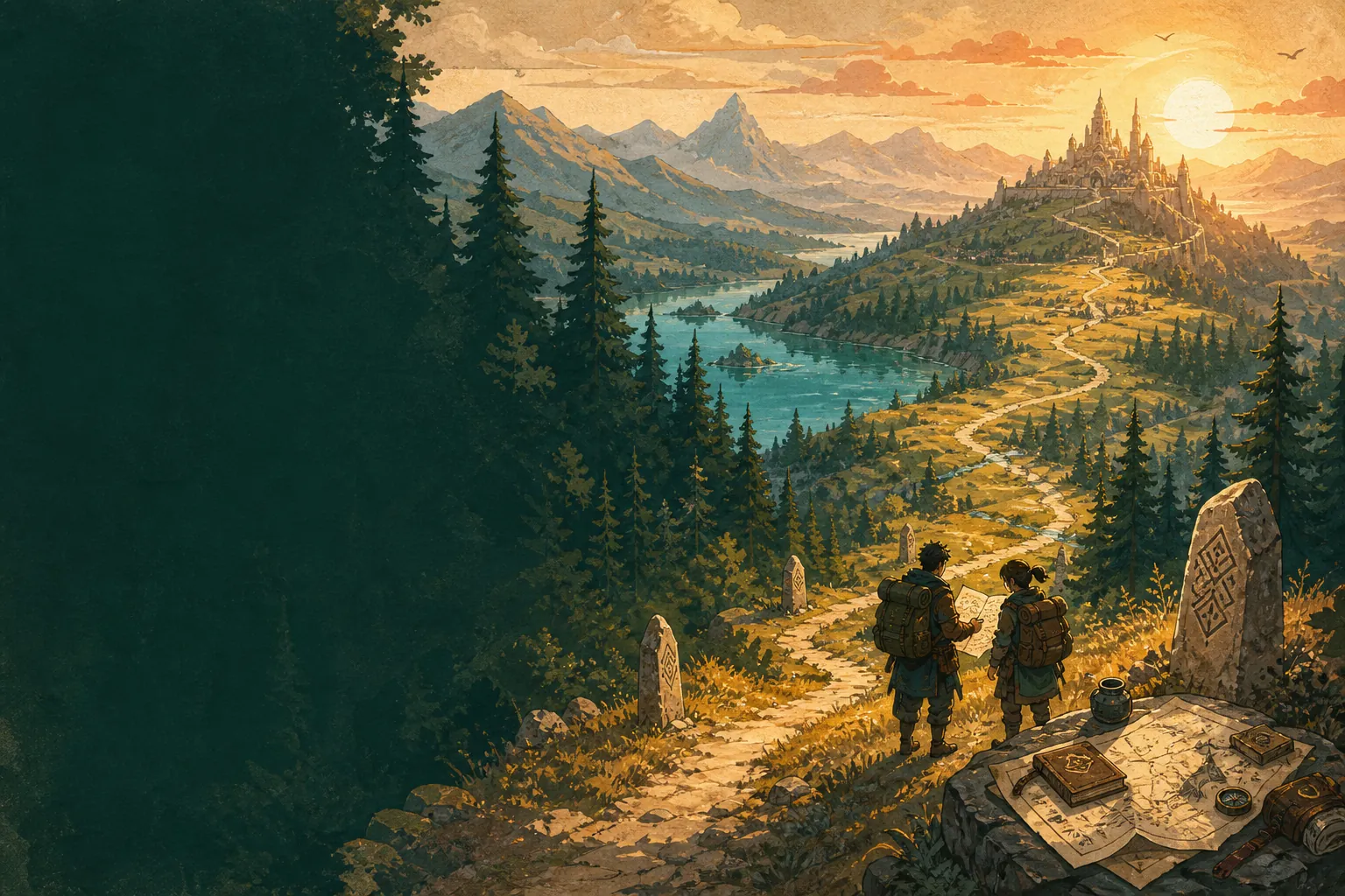 Original illustrated route across Roria at sunrise